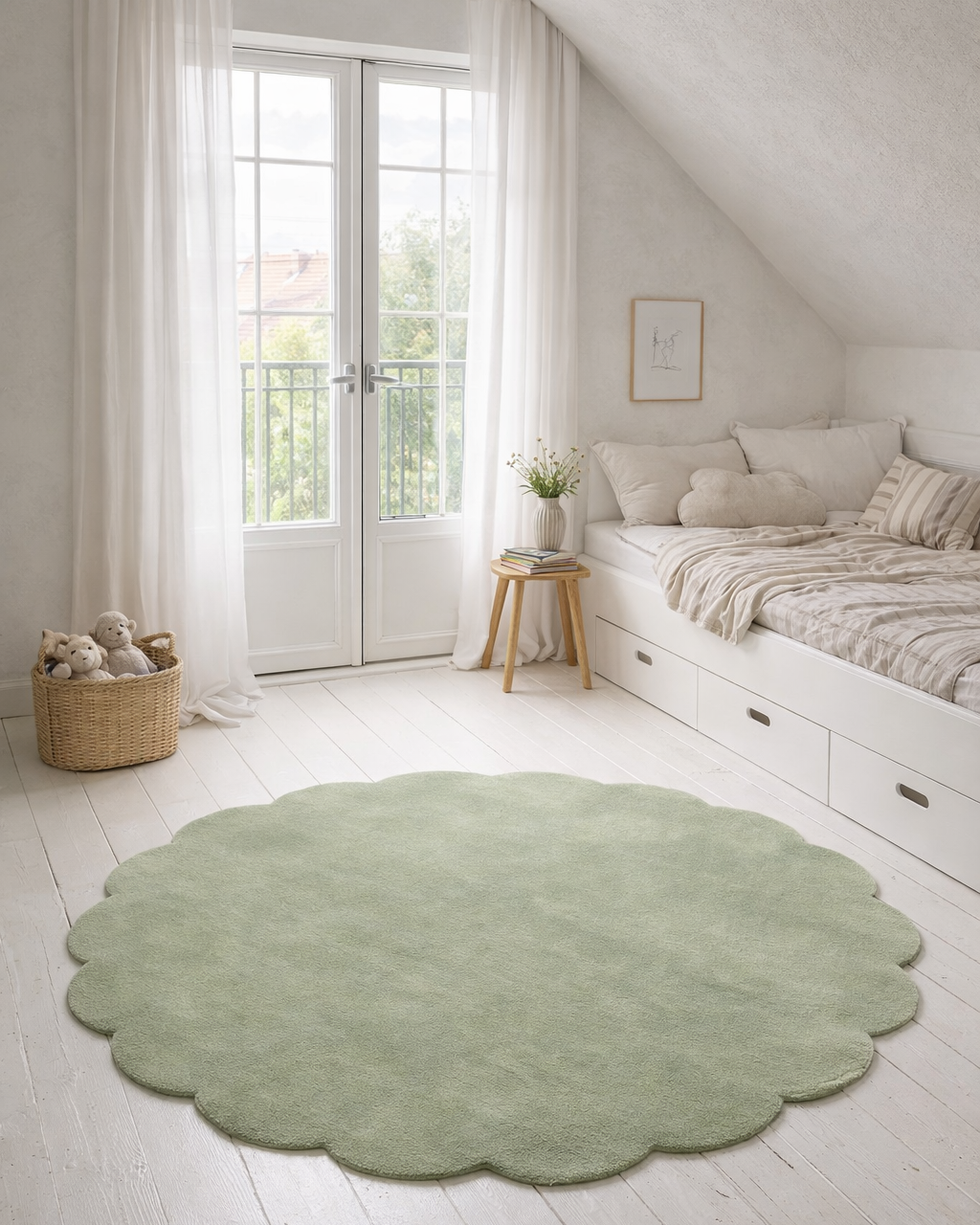 Grön ullmatta i modellen Shell, rund med mjukt vågformad kant, placerad i ett ljust barnrum.