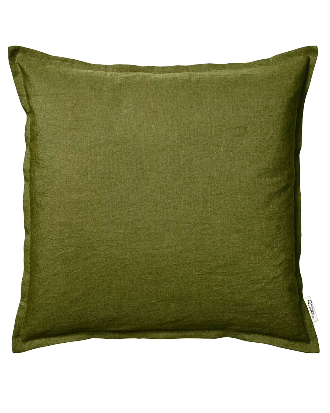 Kvadratiskt kuddfodral i olivgrönt linne med dekorativ kant och märkesetikett från Classic Collection.