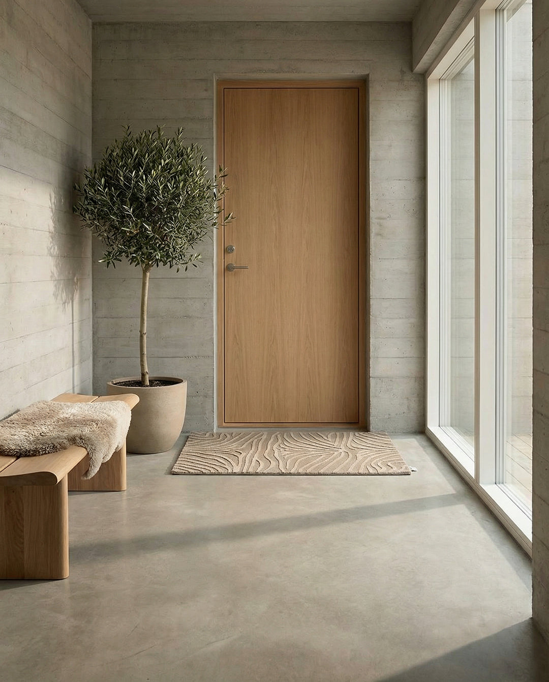Beiger Eingangs-Teppich mit wellenförmigem Reliefmuster in einem modern eingerichteten Flur mit Holztür und Betonwänden.