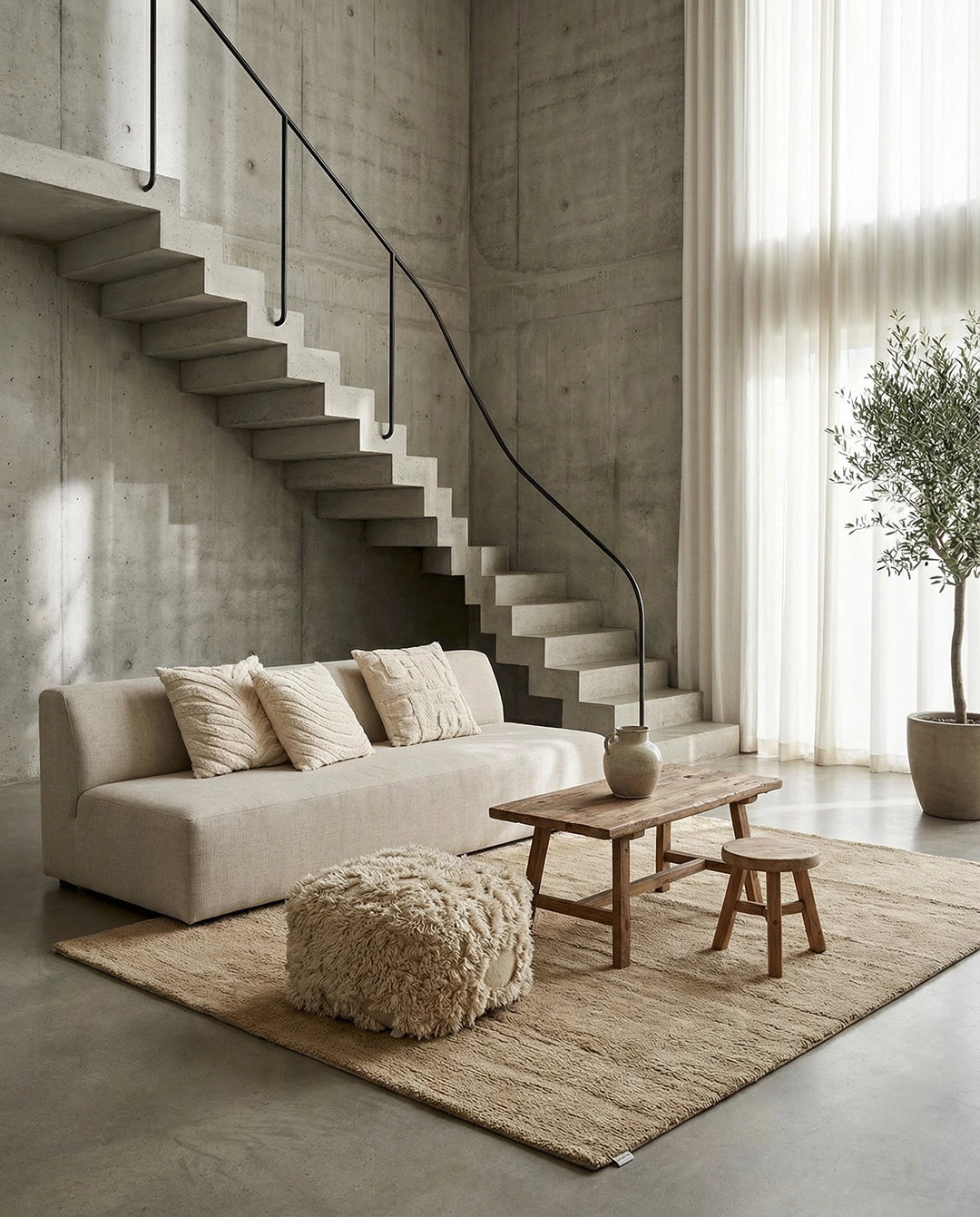 Beige linen sofa with textured throw pillows, a rustic wooden coffee table, and a shaggy ottoman in a modern concrete room.