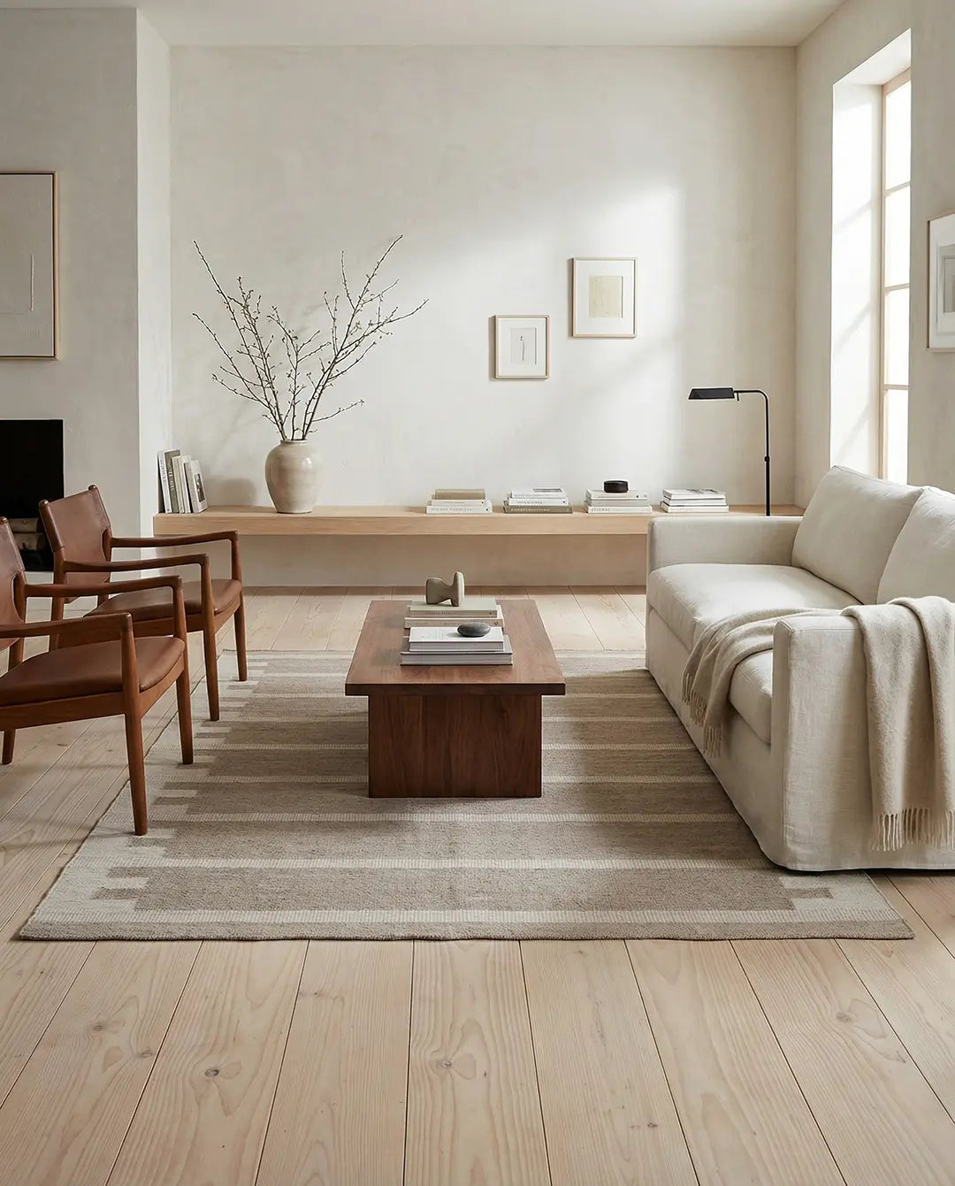 Beige matta med ränder i ett minimalistiskt vardagsrum med ljusa trämöbler och en vit soffa.