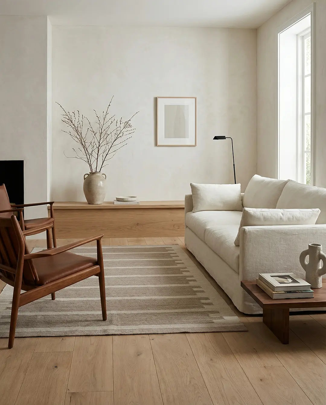 Vardagsrum med beige soffa, mörka träfåtöljer och en randig matta i minimalistisk, skandinavisk stil.