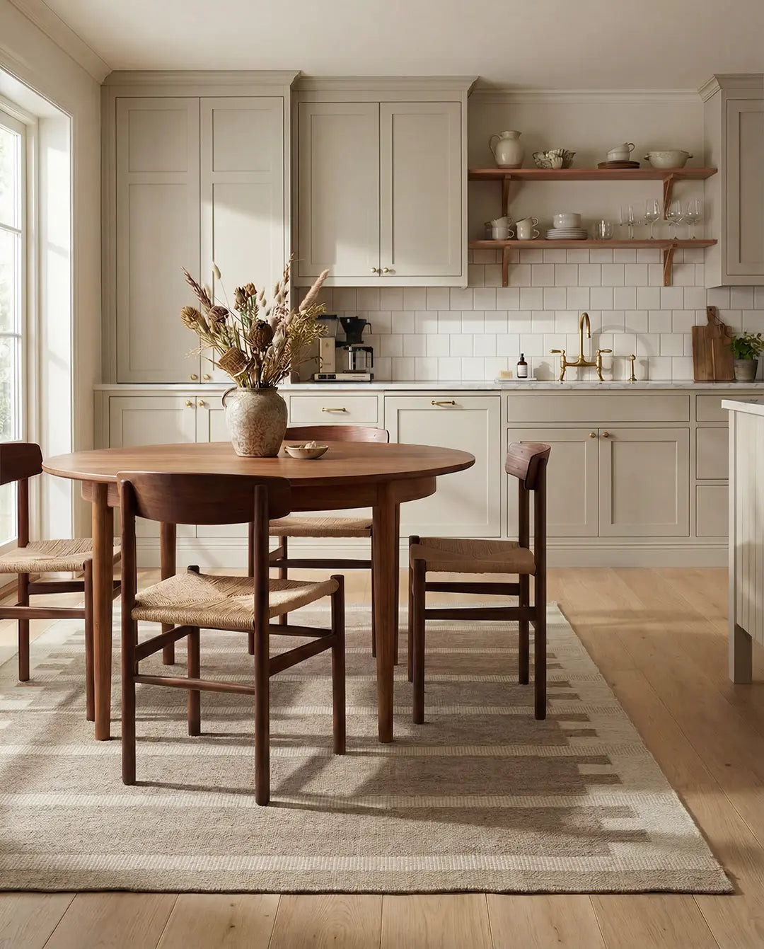 Runt matbord i mörkbrunt trä med stolar i trä och flätad sits i ett ljust kök med beigea skåp.