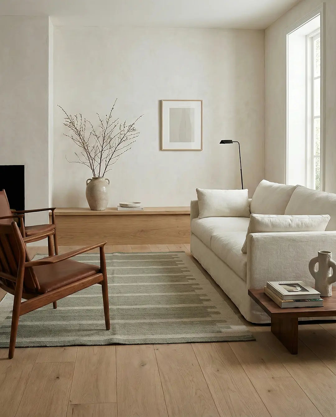 Beige soffa i ett minimalistiskt vardagsrum med trästolar och en grönrandig matta i naturlig stil.