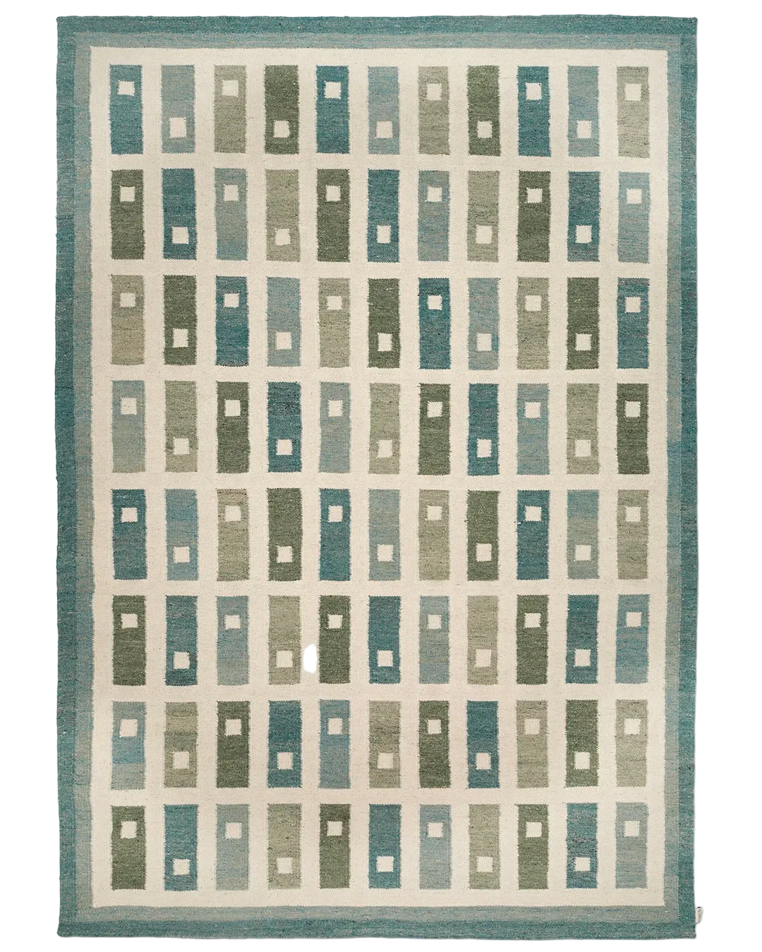 Röllakanmatta Fyrbo Teal i ull med rutmönster av rektanglar i teal, blå och gröna nyanser på ljus botten samt teal ram.