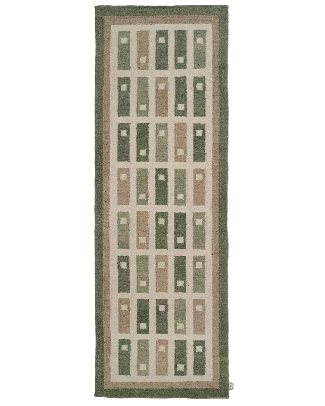 Fyrbo gångmatta 80x250 cm i handvävd ull med blockmönster i naturnära grönt och beige, flatvävd och vändbar, frilagd produktbild mot ljus bakgrund.