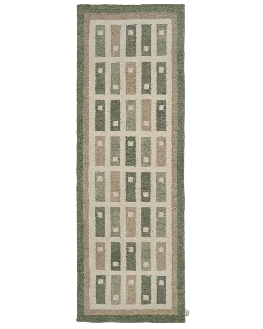 Fyrbo gångmatta 80x250 cm i handvävd ull med blockmönster i naturnära grönt och beige, flatvävd och vändbar, frilagd produktbild mot ljus bakgrund.