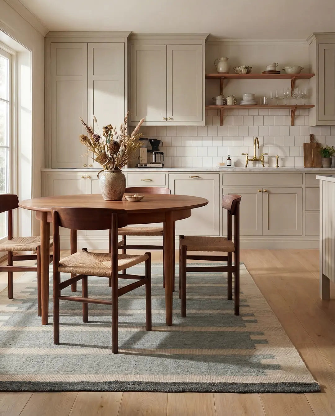 Runt matbord i mörkt trä med matchande stolar och en mönstrad matta i ett ljust, modernt kök.