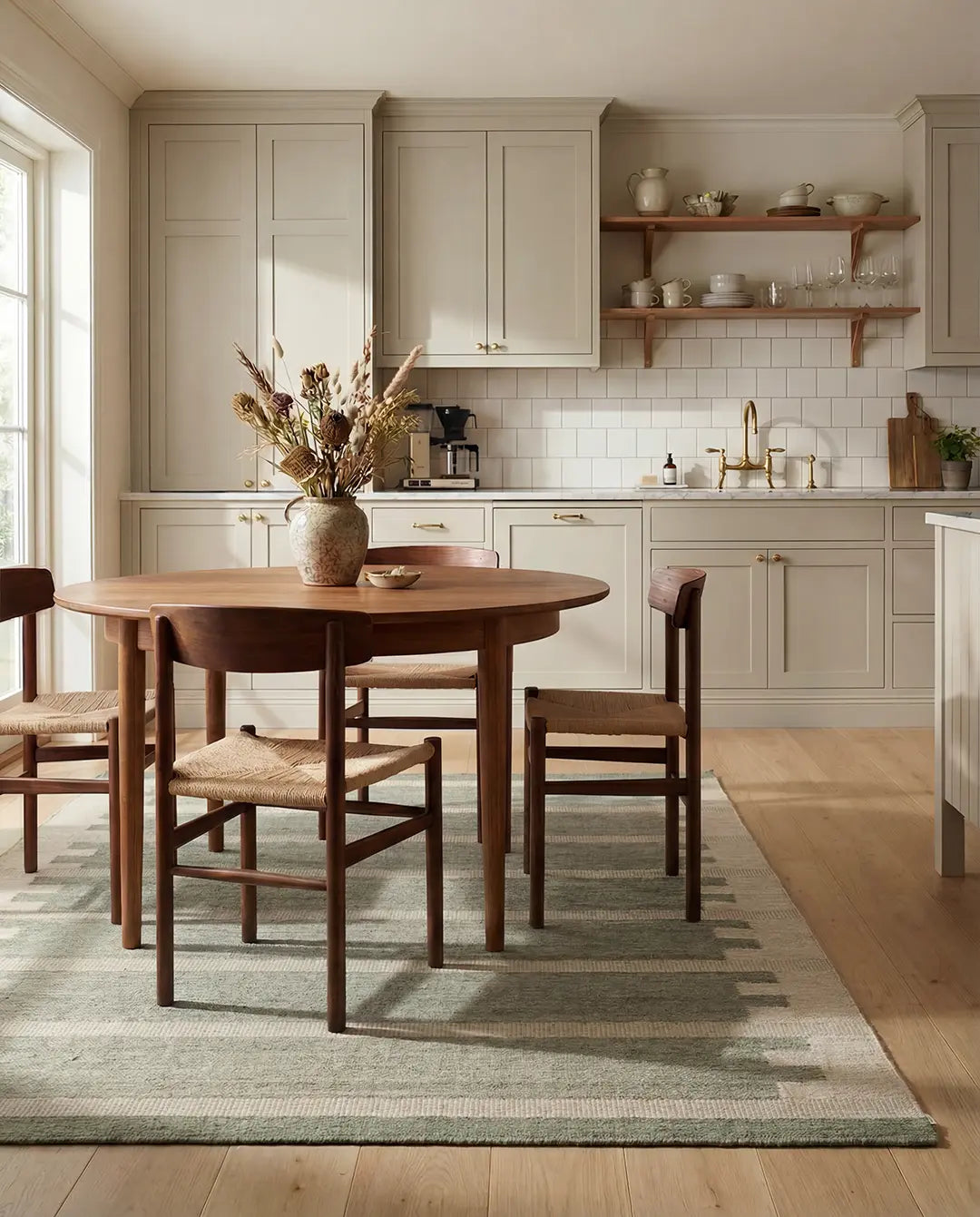 Runt matbord i mörkt trä med stolar med flätad sits i ett ljust kök med beige skåpluckor och en mönstrad matta.