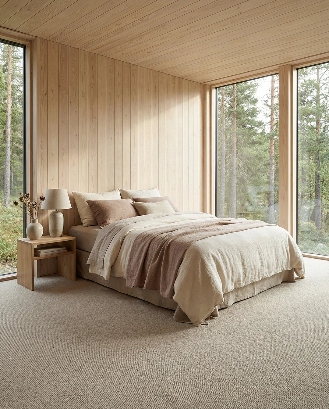 Bed with layered beige and dusty rose linen bedding in a minimalist bedroom with wood-paneled walls and forest views.