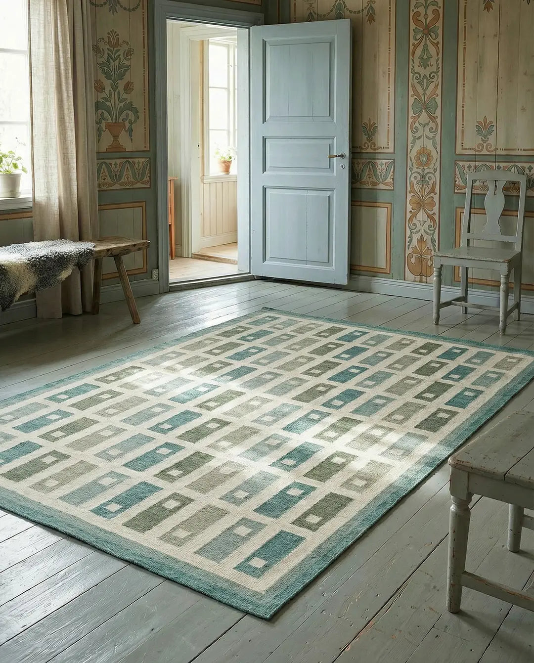 Rektangulär matta med geometriskt rutmönster i nyanser av grönt och beige i en klassisk interiör.