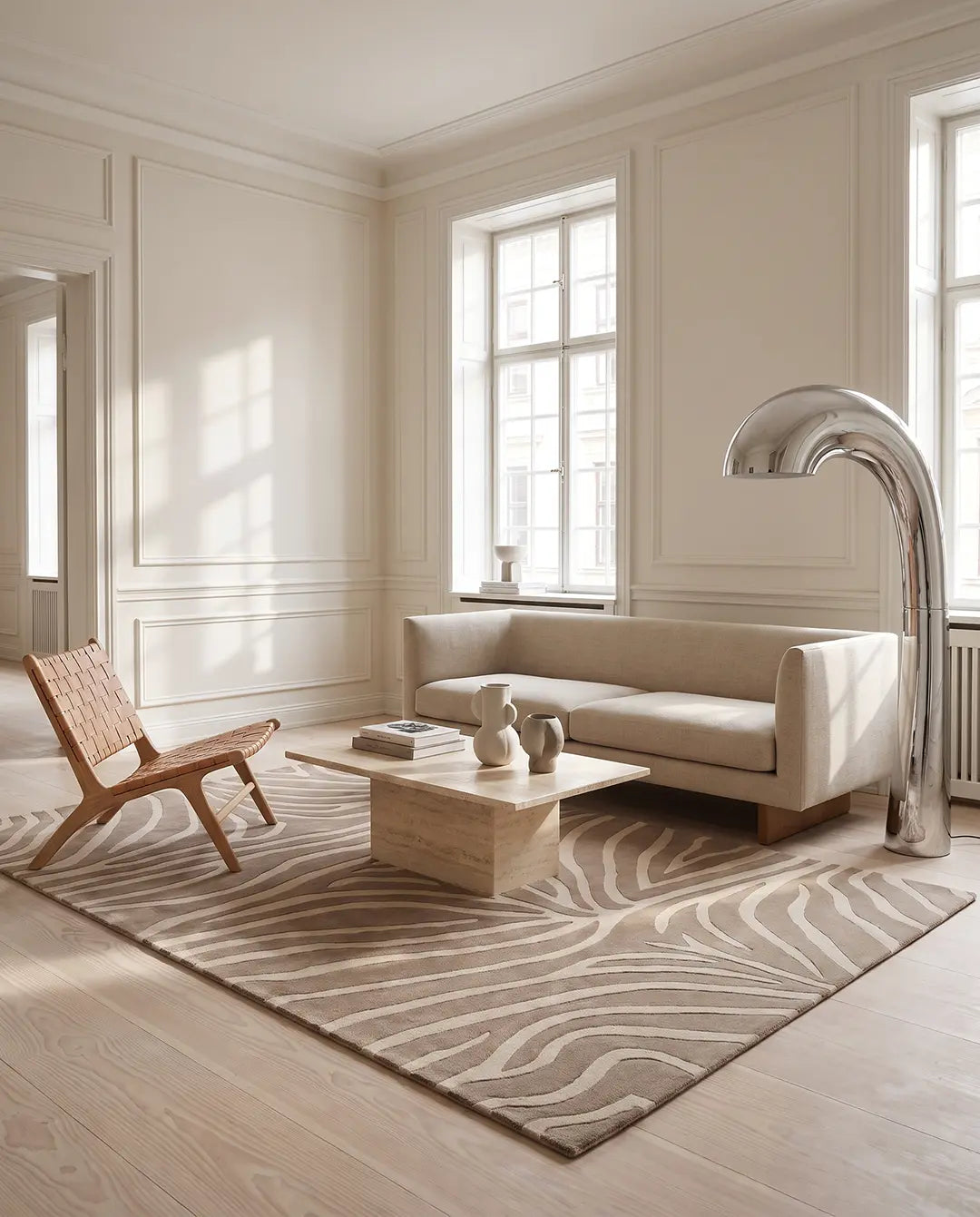 Handtuftad ullmatta Zebra Beige från Classic Collection med grafiskt zebramönster i beige och off-white, placerad i ett ljust vardagsrum med soffa, fåtölj och soffbord.