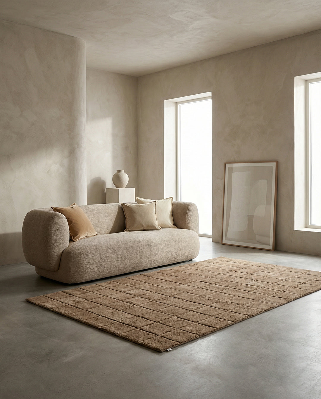 Modern tan rug with a square grid pattern laid on a concrete floor in a minimalist beige living room with a curved sofa.