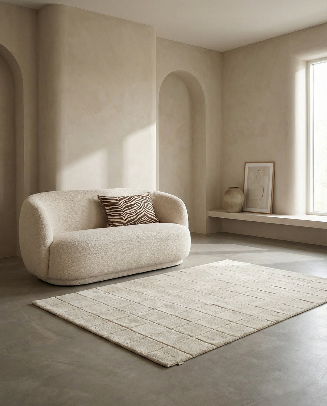 Cream boucle sofa with a zebra print pillow and a matching textured grid pattern area rug in a minimalist living room.