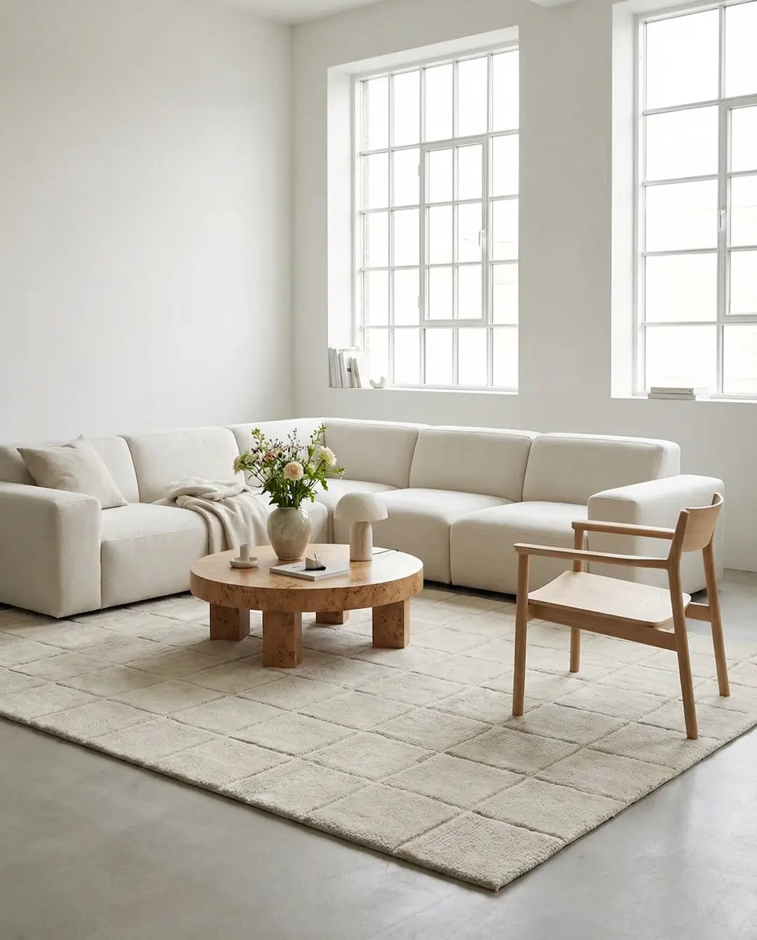 Modern cream sectional sofa with a round wooden coffee table and light wood chair on a textured grid-pattern area rug.
