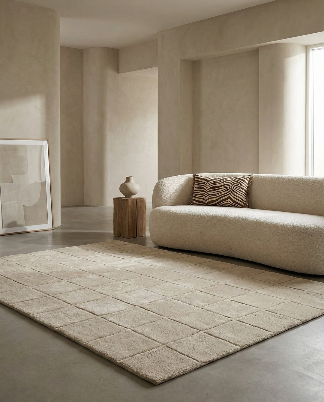 Beige matta med kvadratiskt mönster i ett modernt vardagsrum med krämvit soffa.