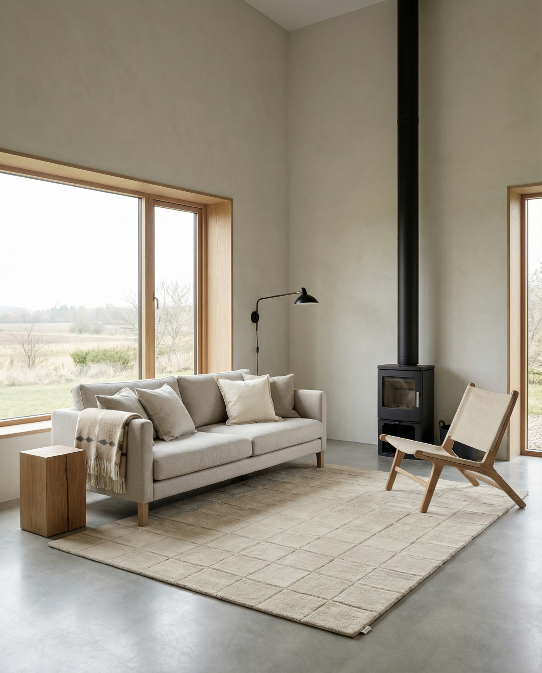 Beiger, getufteter Wollteppich mit quadratischem Muster in einem modernen, minimalistischen Wohnzimmer.