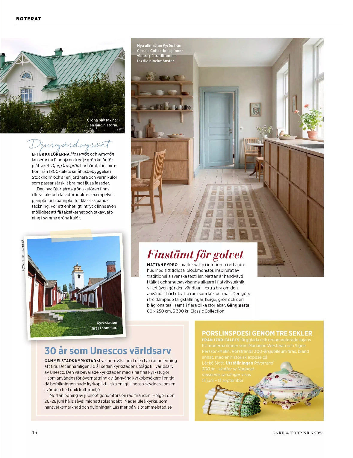 Tidningsuppslag från Gård & Torp där gångmattan Fyrbo från Classic Collection visas i ett ljust kök med träinredning.