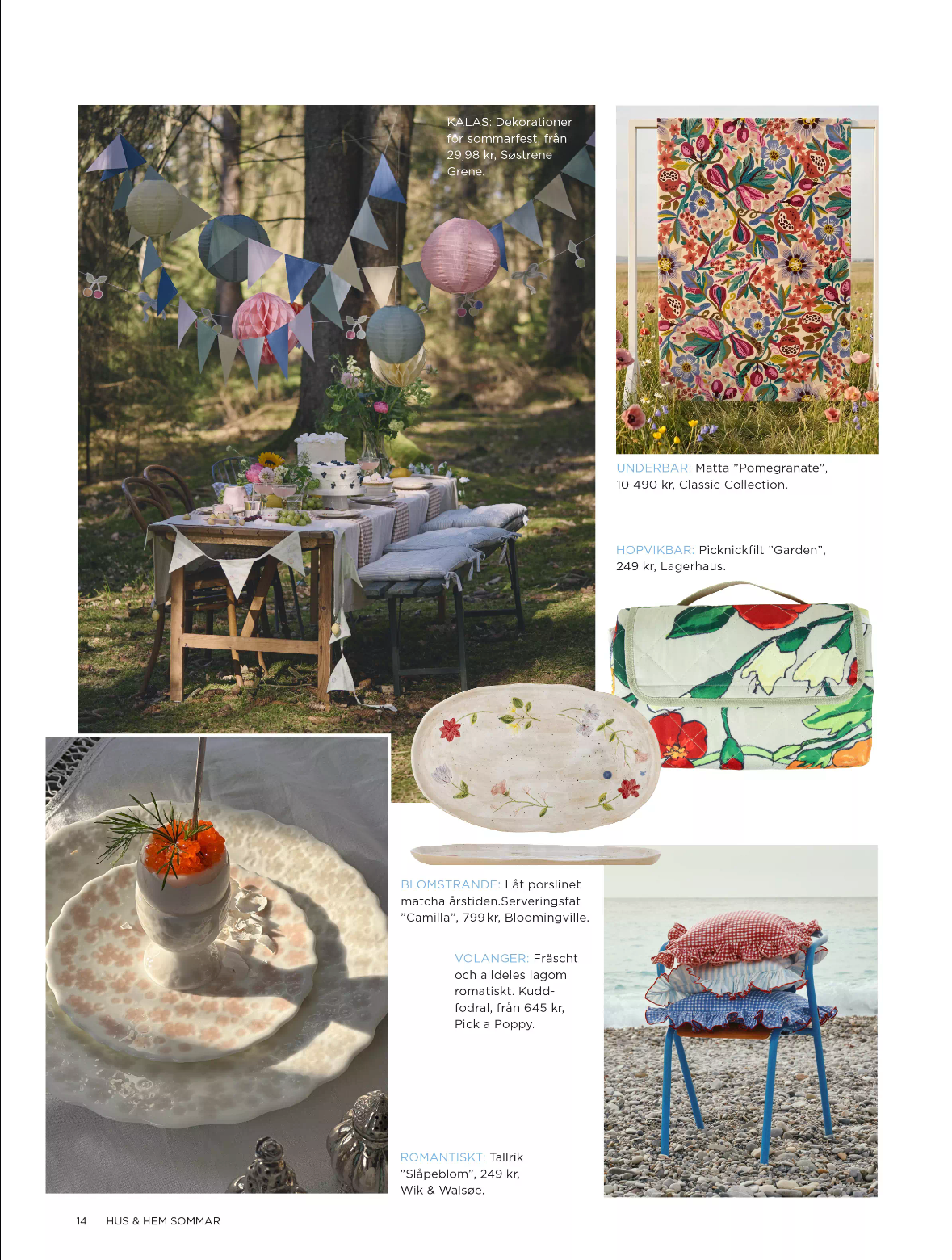 Pressklipp från Hus & Hem Sommar 2026 där mattan Pomegranate från Classic Collection visas i ett somrigt reportage med färgstarka textilier och dukningsinspiration.