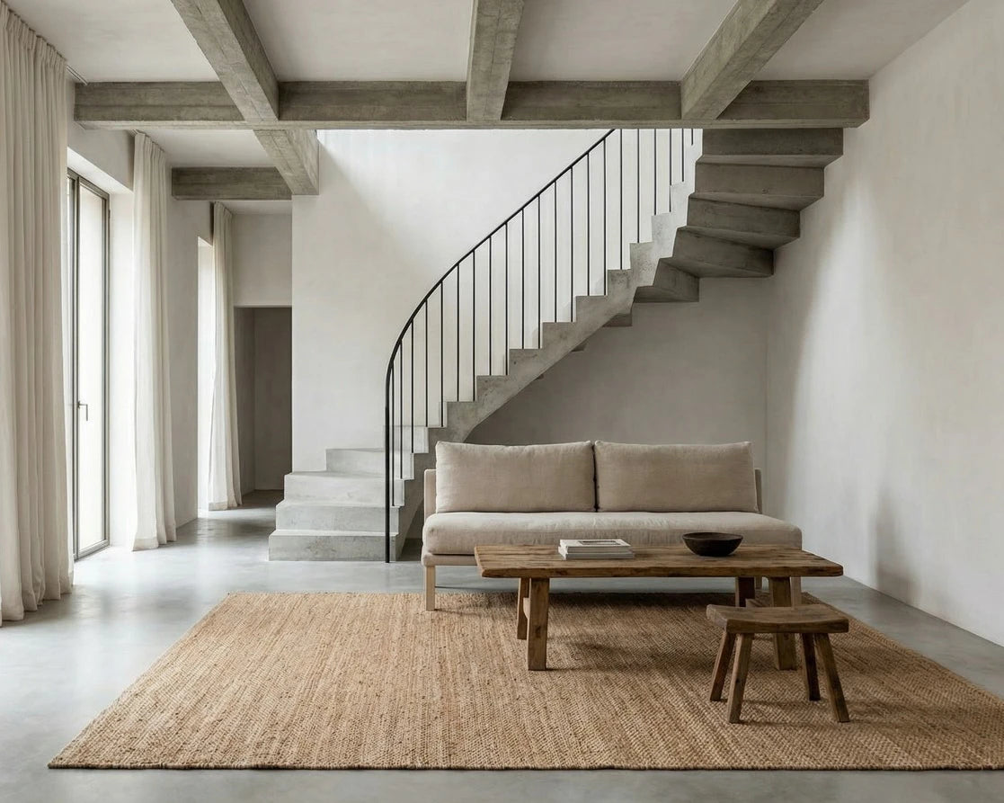 Minimalistiskt vardagsrum med beige soffa, rustikt träbord, pall och jute-matta framför en modern betongtrappa.