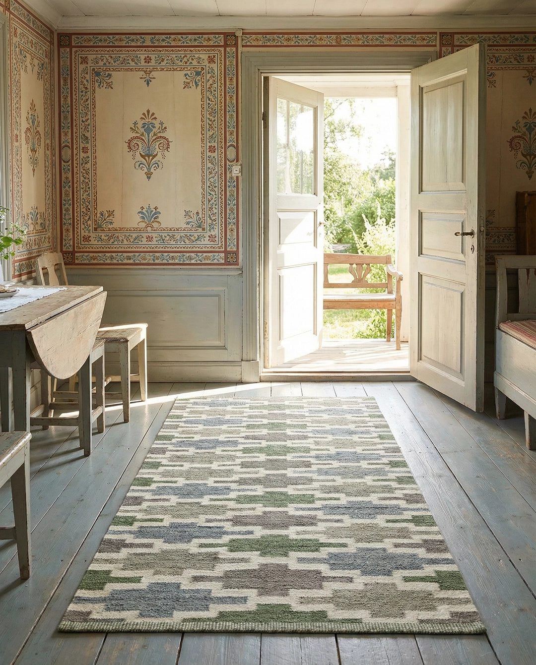 Rectangular area rug with a blue, green, and beige geometric pattern on a wooden floor in a sunlit farmhouse room.