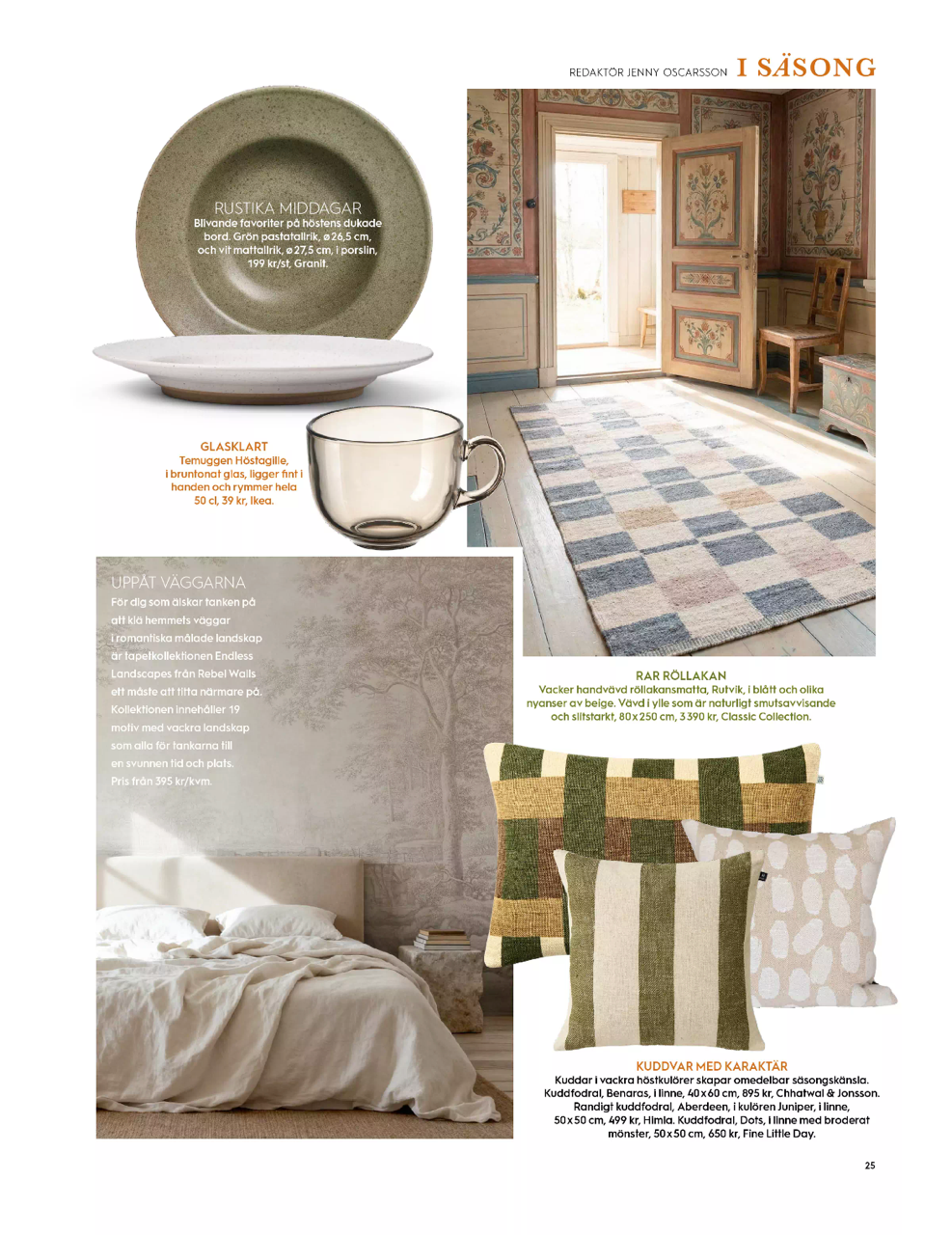 Pressklipp från Lantliv nr 9 2026 med Classic Collections handvävda röllakansmatta Rutvik i blått och beige, fotograferad i en rustik interiör med målade väggar, trägolv och antika möbler.