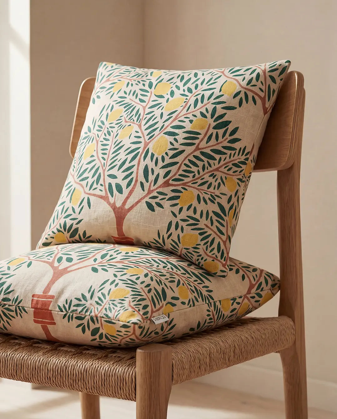 Zwei quadratische Kissen mit beigem Leinenbezug, verziert mit einem grünen Baum- und Zitronenmuster auf einem Holzstuhl.