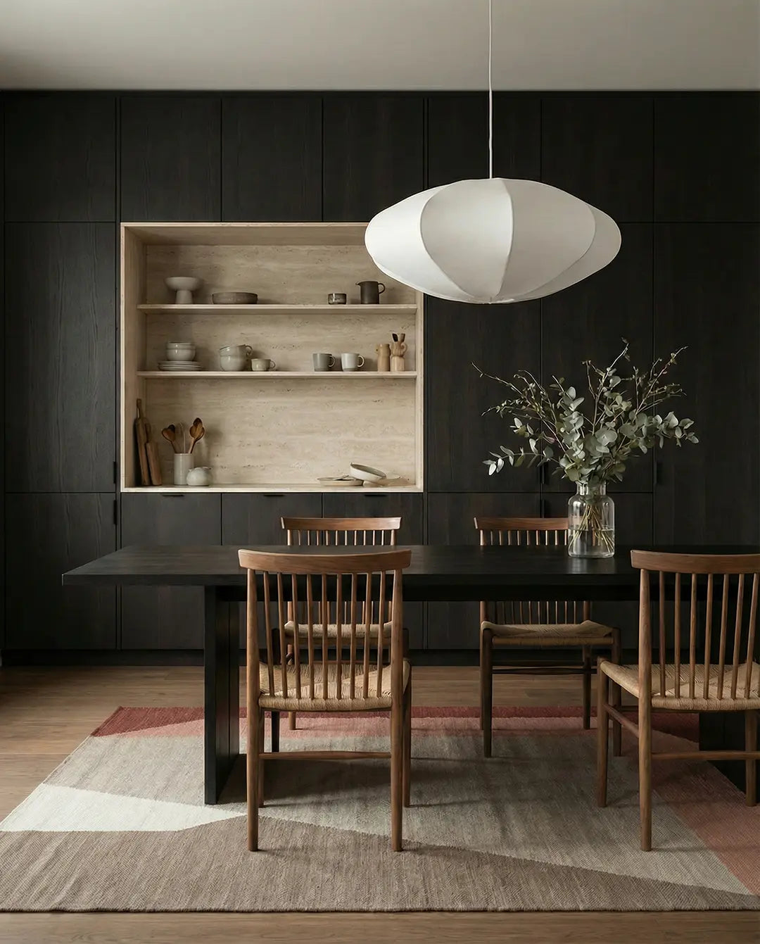 Modernes Esszimmer mit schwarzem Holztisch, Stühlen mit Geflechtsitz und einer großen weißen Pendelleuchte.
