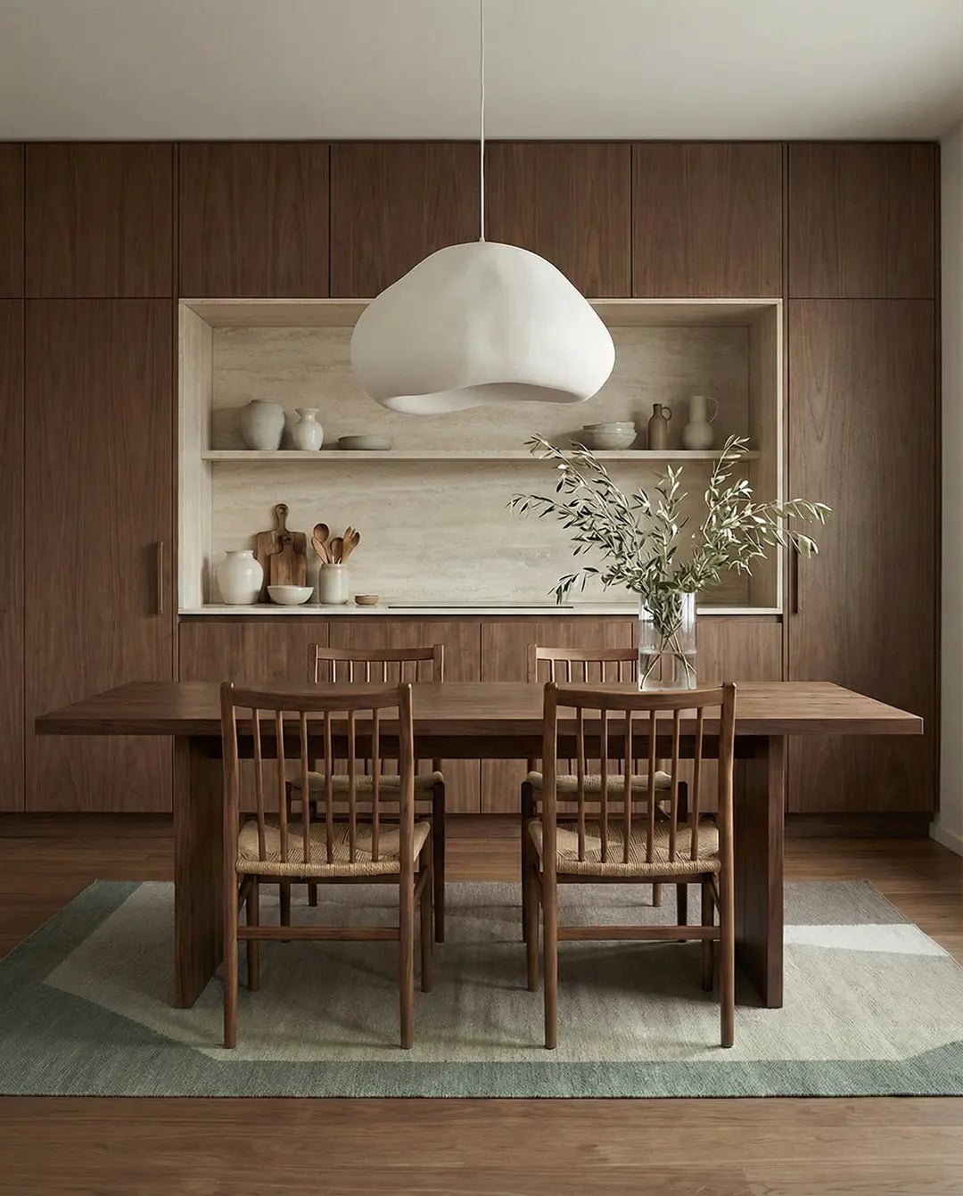 Modern dining room with a wooden table, spindle-back chairs, and an organic white pendant light in a minimalist home.