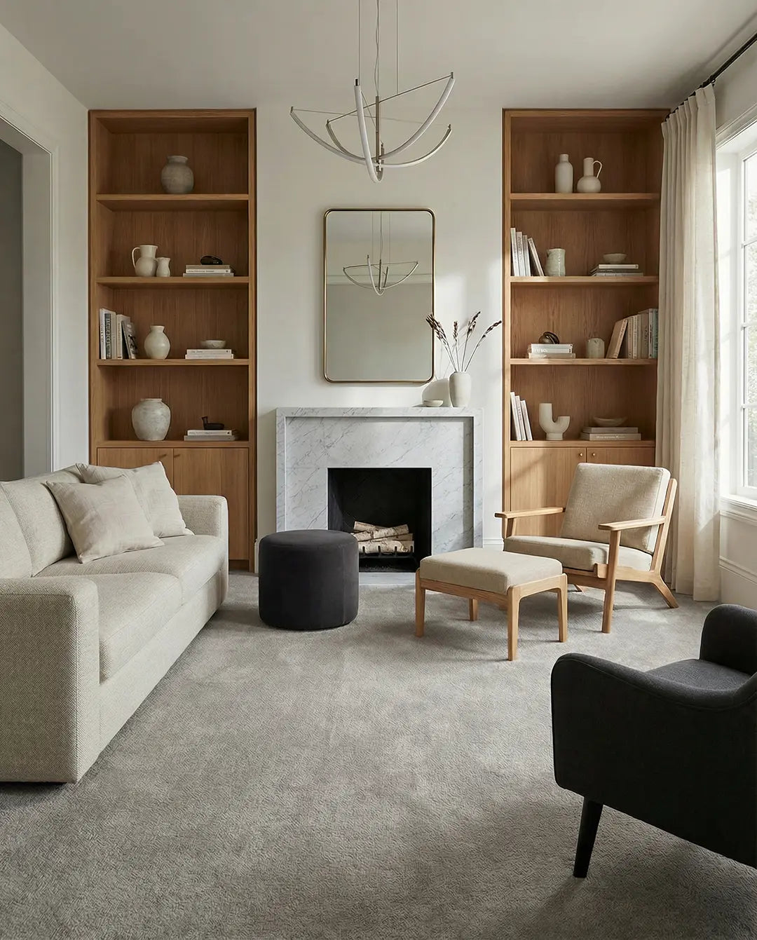 Modern living room with neutral beige sofa, wooden armchairs, marble fireplace, and tall oak bookshelves.