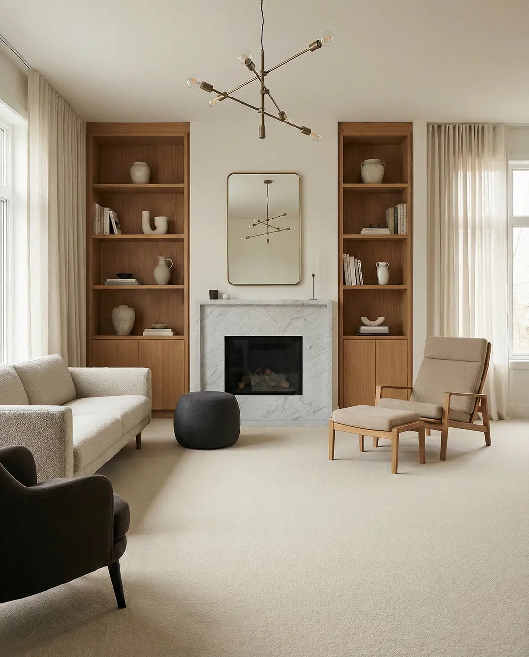 Modern living room with marble fireplace, built-in oak bookshelves, textured cream sofa, and mid-century lounge chair.