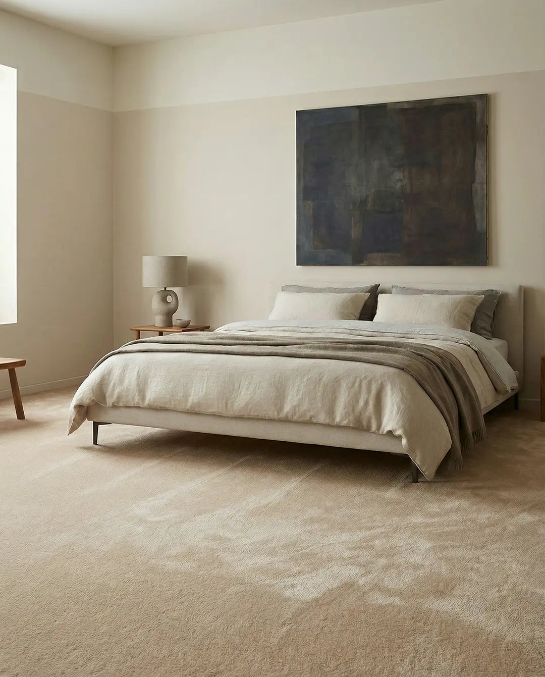 Minimalist bedroom with a beige upholstered bed, layered linen bedding, and a large abstract painting on a neutral wall.