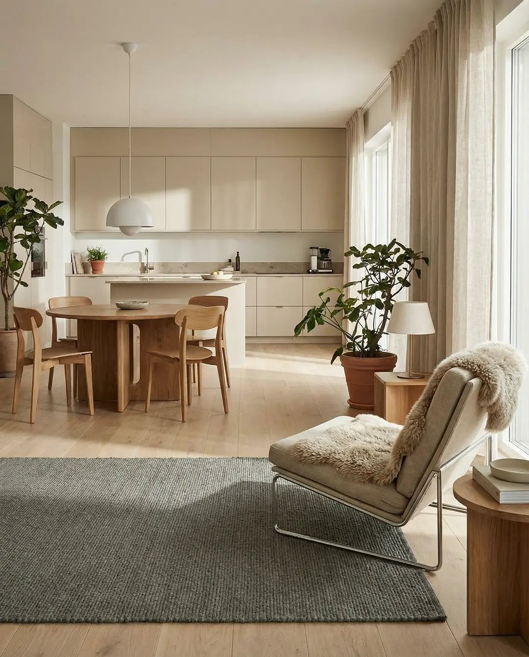 Modern beige kitchen and living area featuring a round wood dining table, wool rug, and a cozy armchair with a throw.
