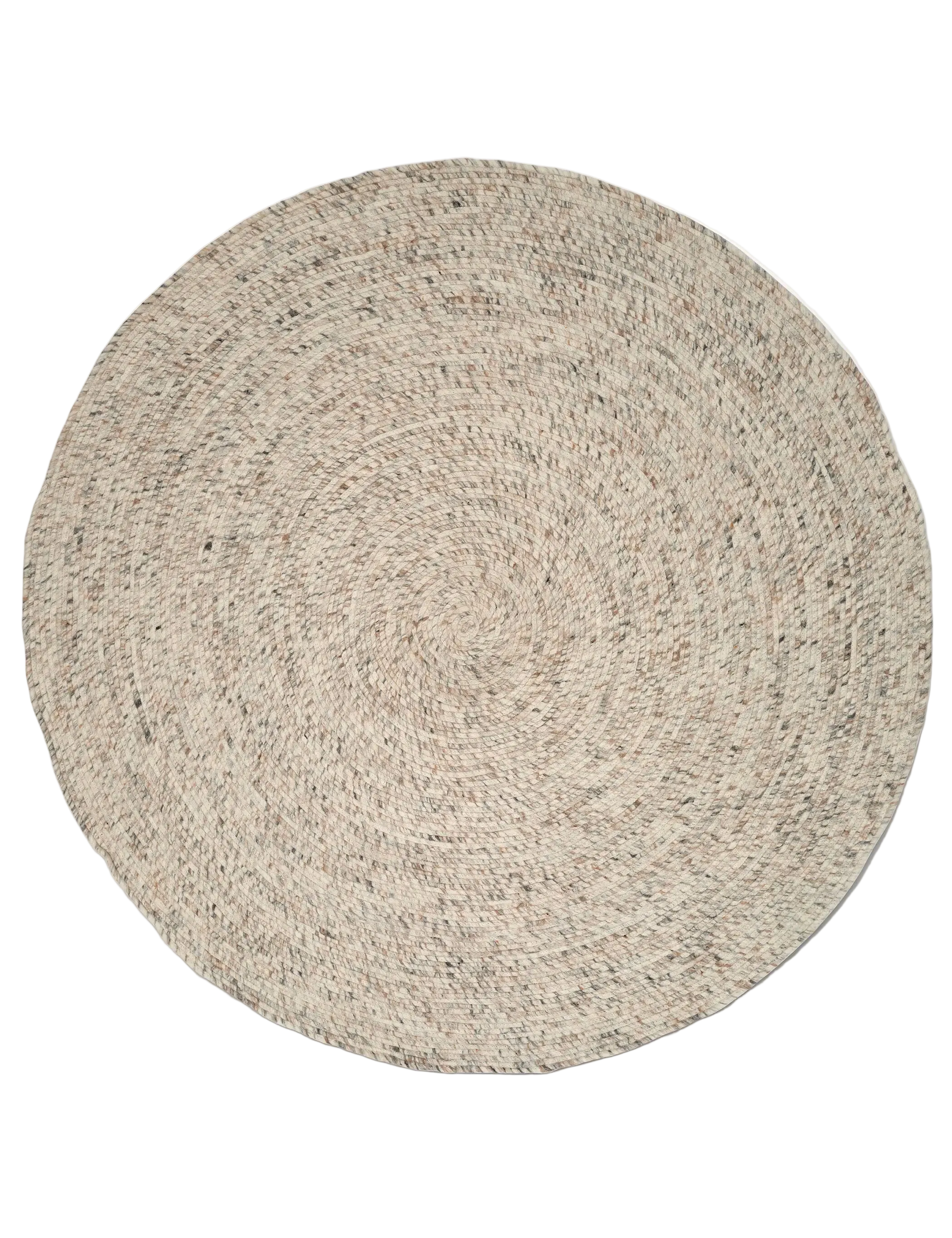 Rund ullmatta Merino i ull, naturbeige melerad, frilagd produktbild sedd uppifrån med tydlig cirkulär vävstruktur