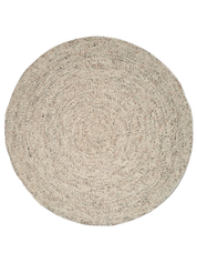 Rund ullmatta Merino i ull, naturbeige melerad, frilagd produktbild sedd uppifrån med tydlig cirkulär vävstruktur