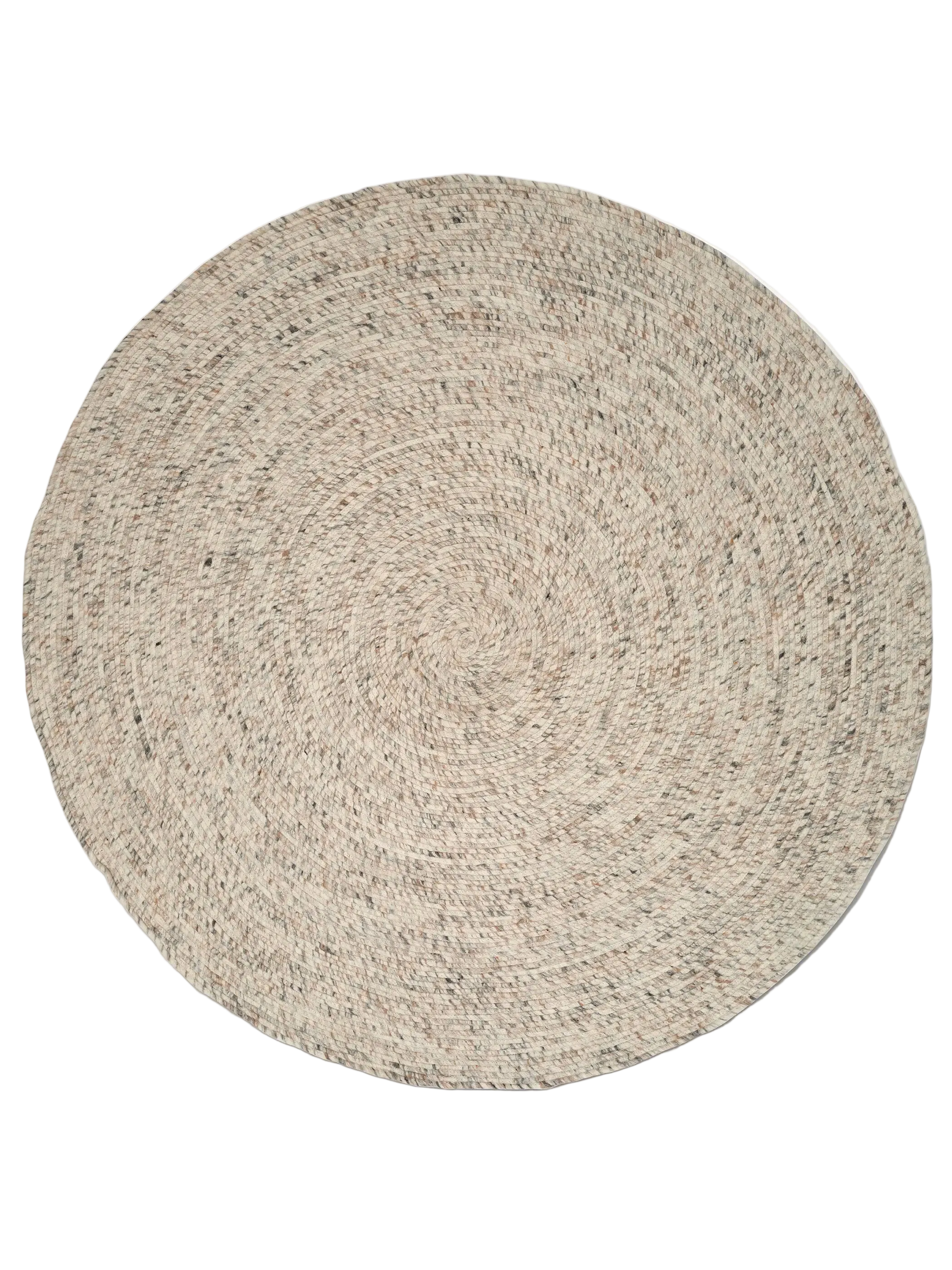 Rund ullmatta Merino i ull, naturbeige melerad, frilagd produktbild sedd uppifrån med tydlig cirkulär vävstruktur