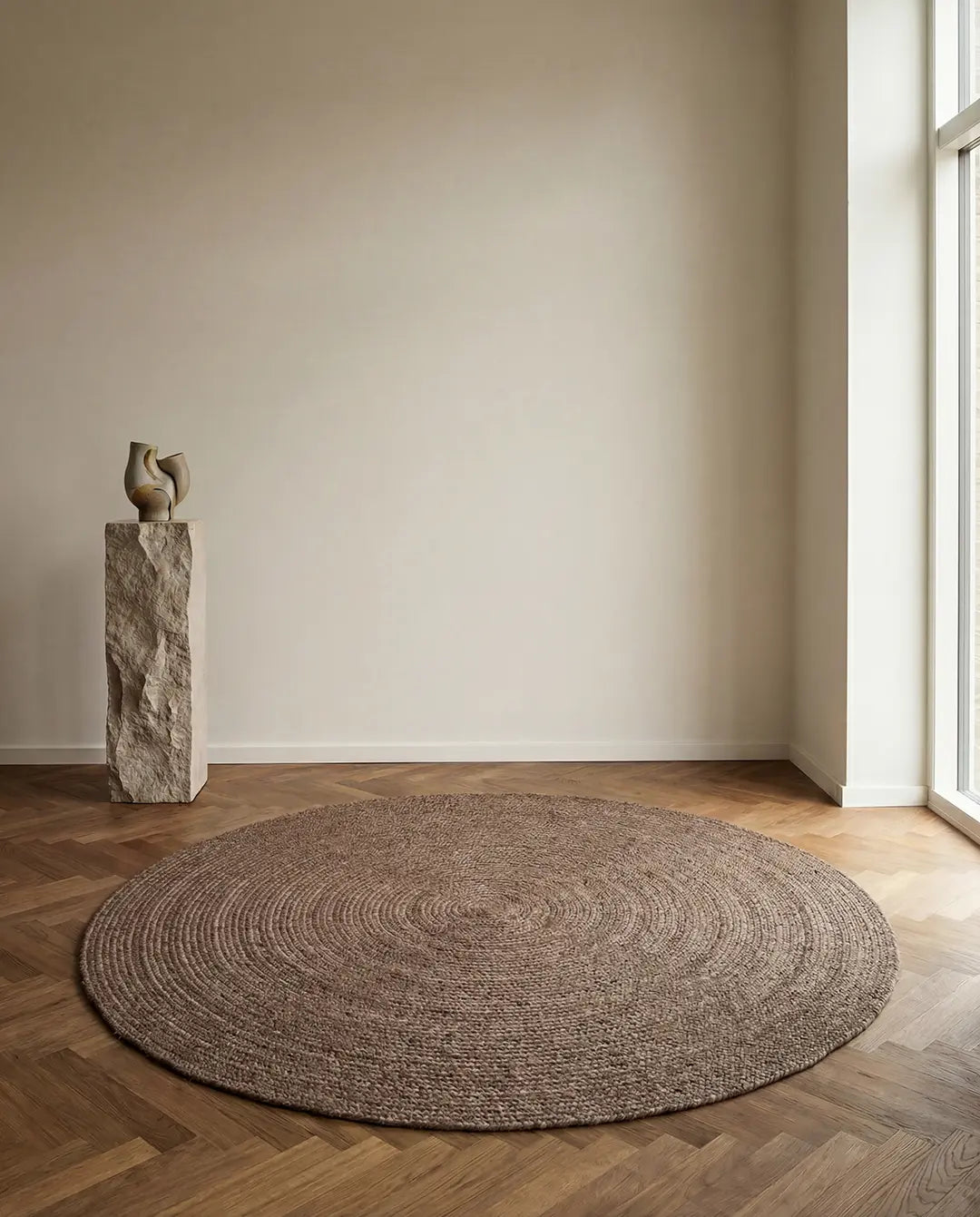 Runder, naturbelassener Jute-Teppich in Brauntönen auf einem Fischgrät-Parkettboden in einem minimalistischen Raum.