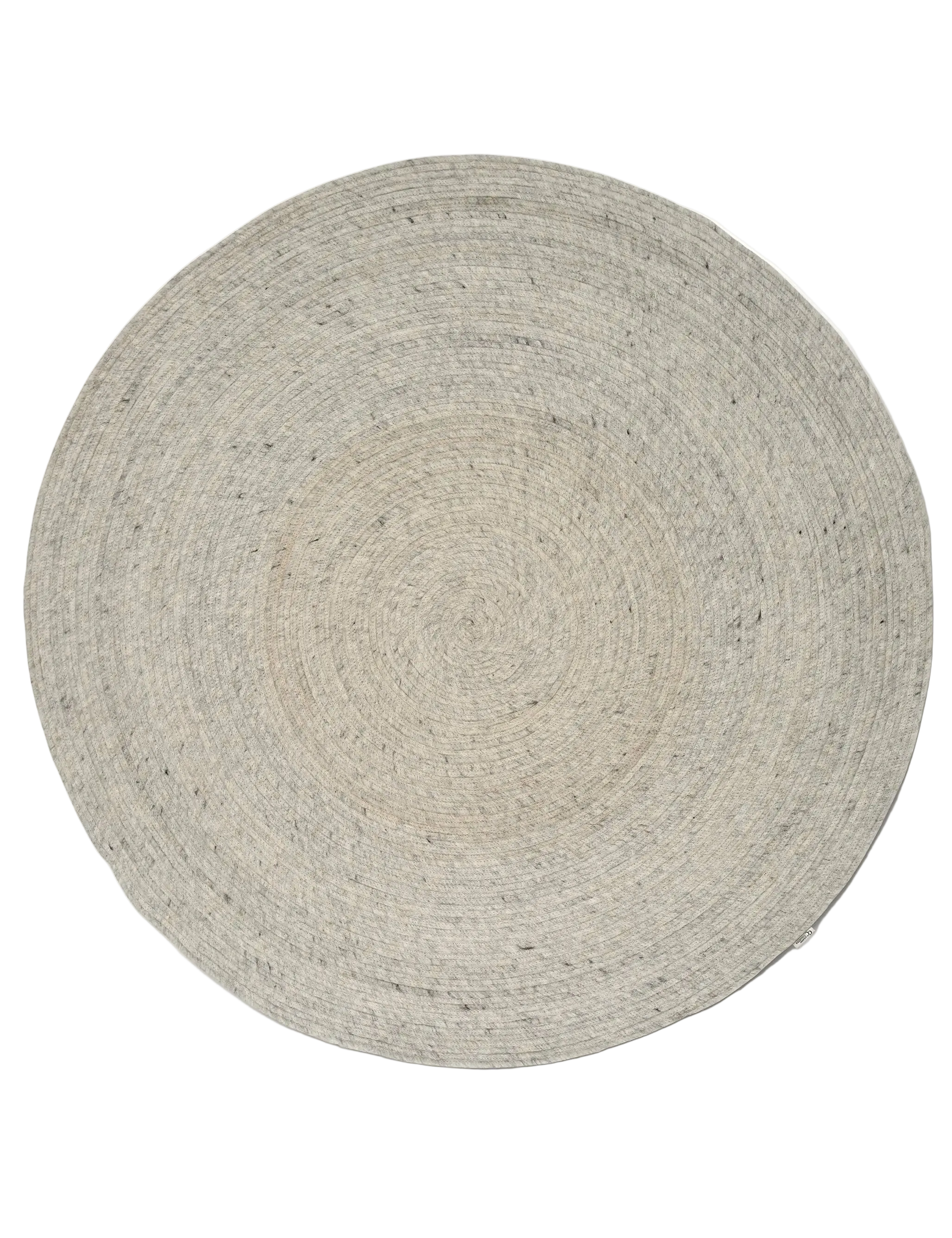 Circular light grey braided jute area rug with a textured spiral weave pattern isolated on a white background.