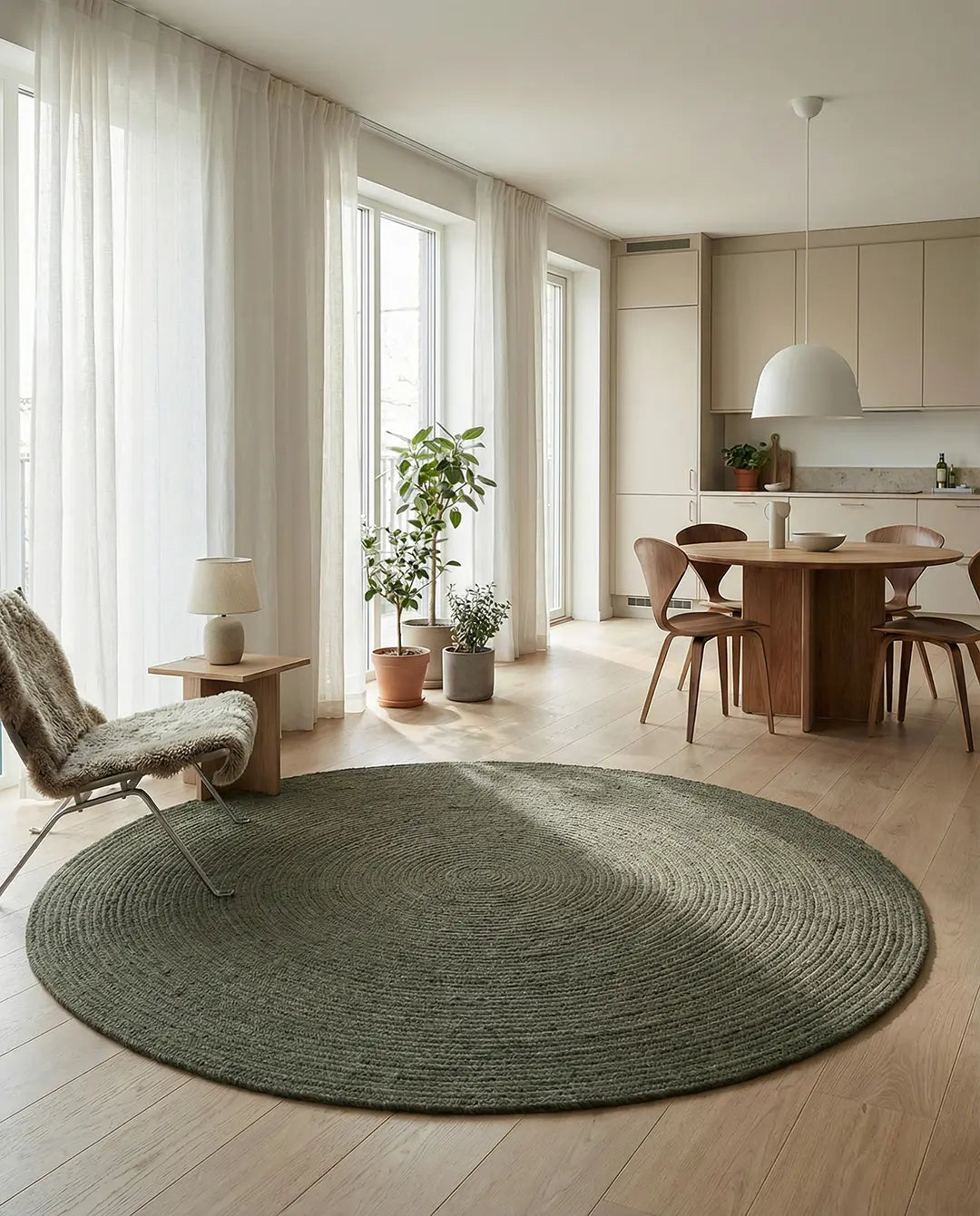 Large circular sage green braided area rug in a sunlit modern living room with light wood floors.