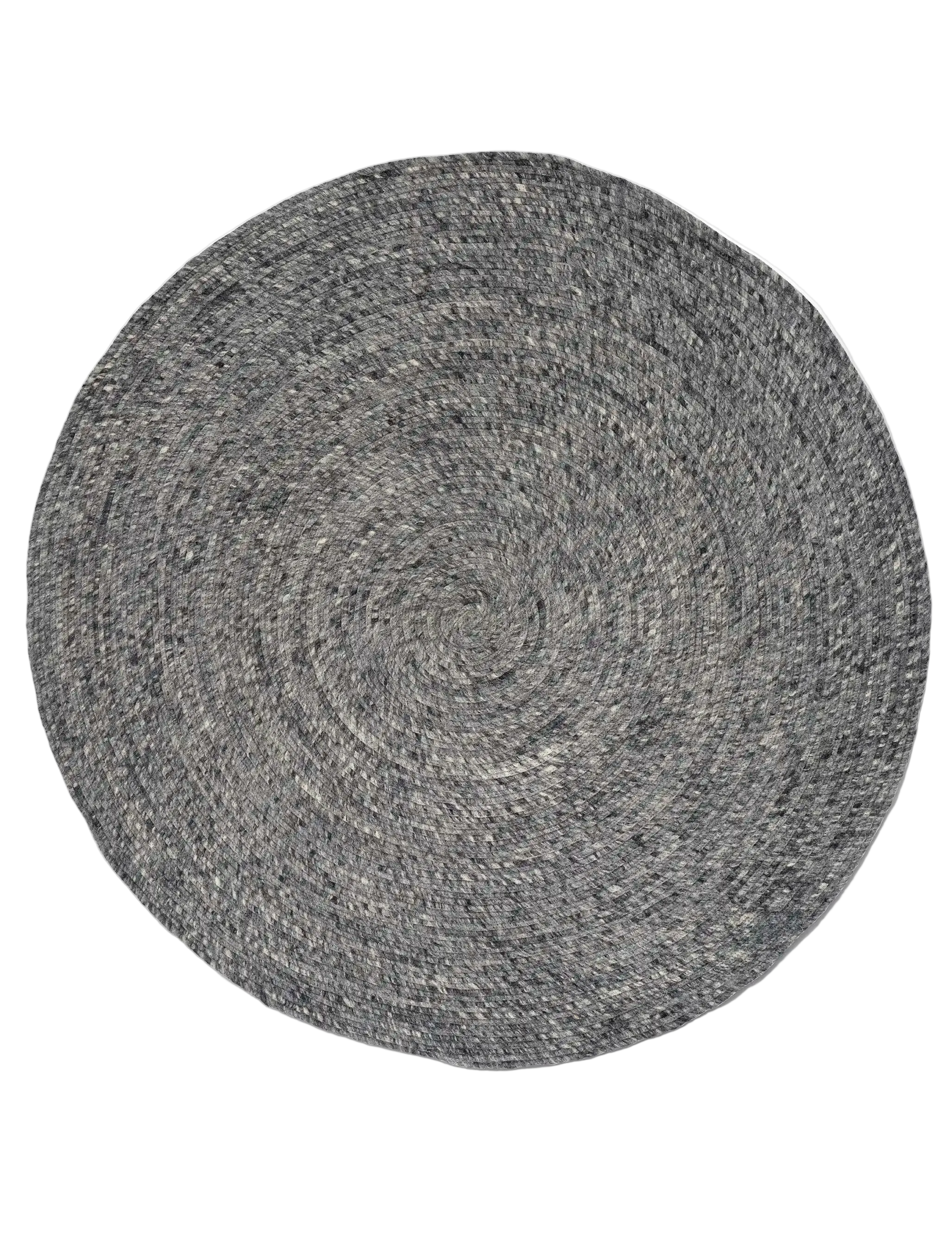 Round grey braided wool area rug with a textured, spiral weave design.
