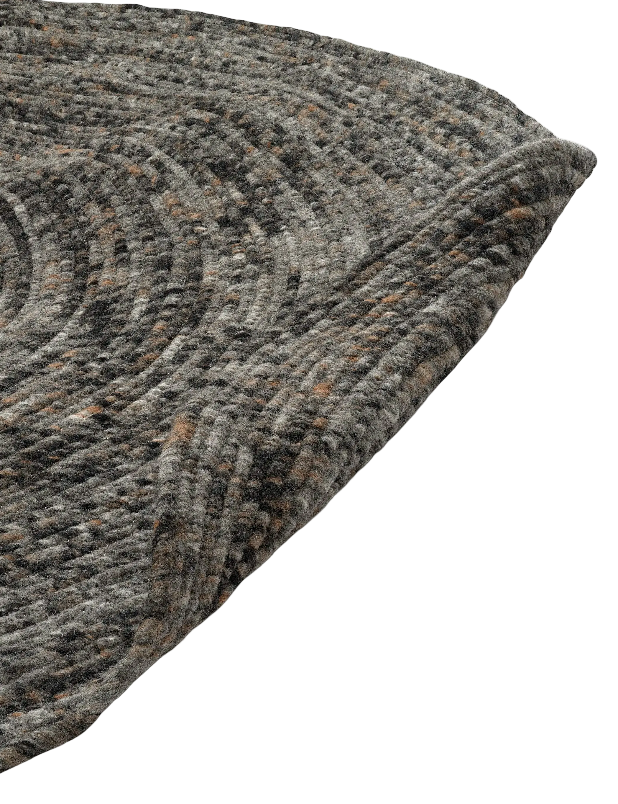 Detaljbild av rund ullmatta Merino i grey melange ull som visar melerad vävstruktur och rund kant