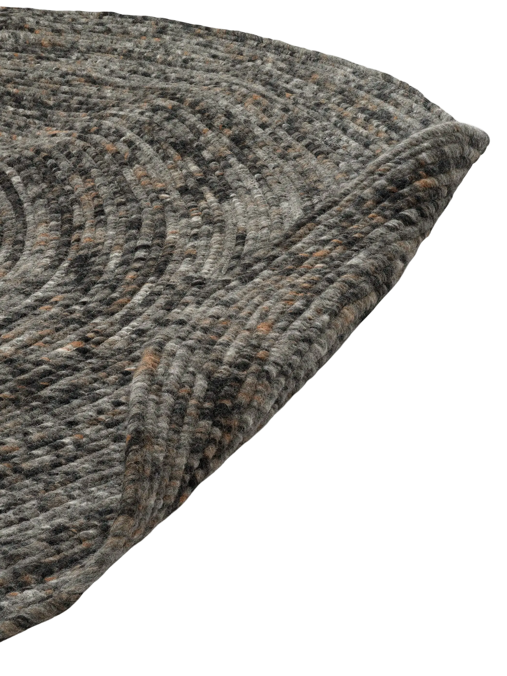 Detaljbild av rund ullmatta Merino i grey melange ull som visar melerad vävstruktur och rund kant