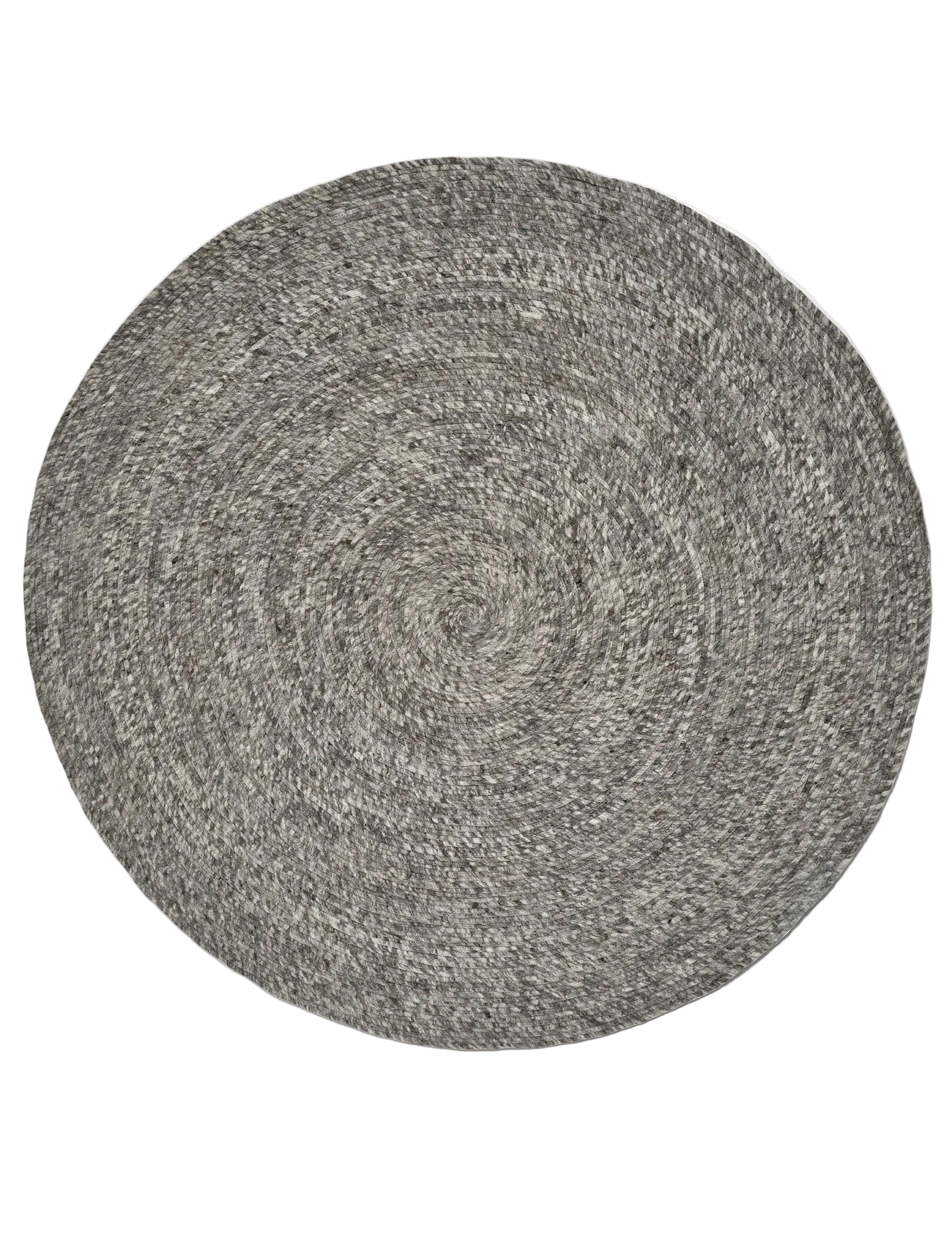Round grey textured area rug with a spiral braided wool design, isolated on white background.