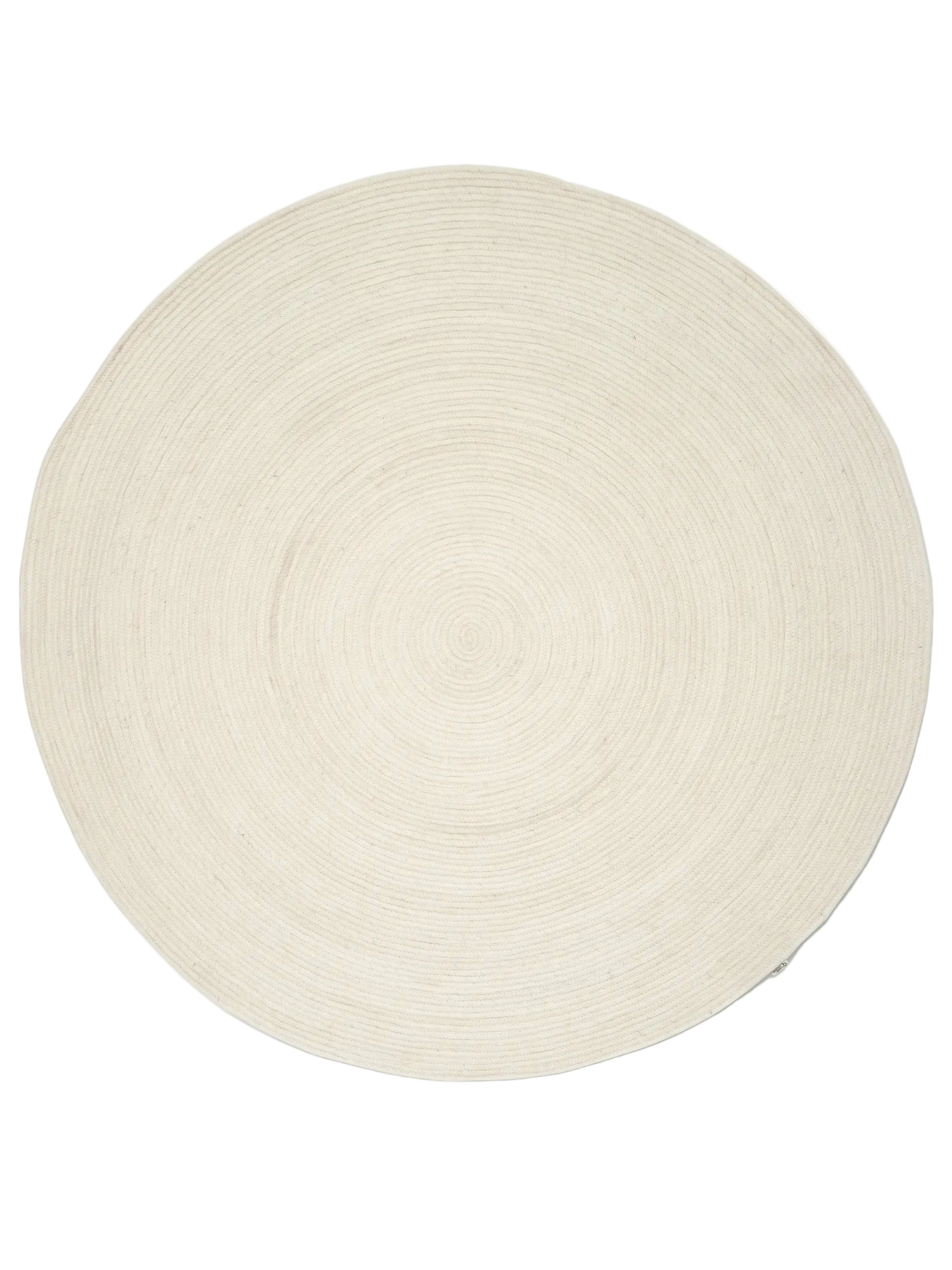 Vit rund ullmatta Merino i ull, frilagd produktbild sedd uppifrån med tydlig cirkulär vävstruktur