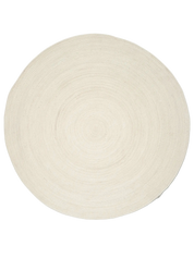 Vit rund ullmatta Merino i ull, frilagd produktbild sedd uppifrån med tydlig cirkulär vävstruktur