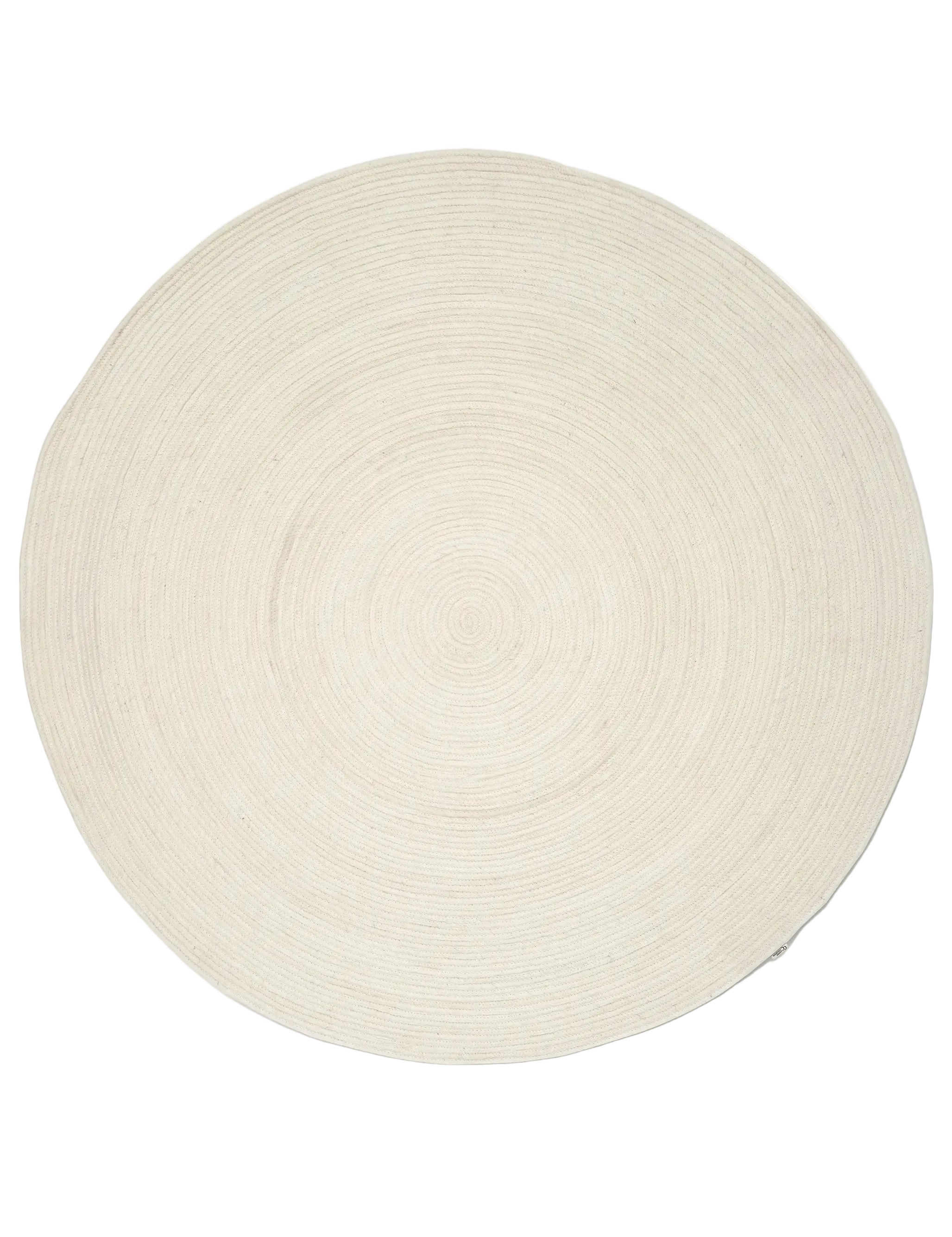 Vit rund ullmatta Merino i ull, frilagd produktbild sedd uppifrån med tydlig cirkulär vävstruktur