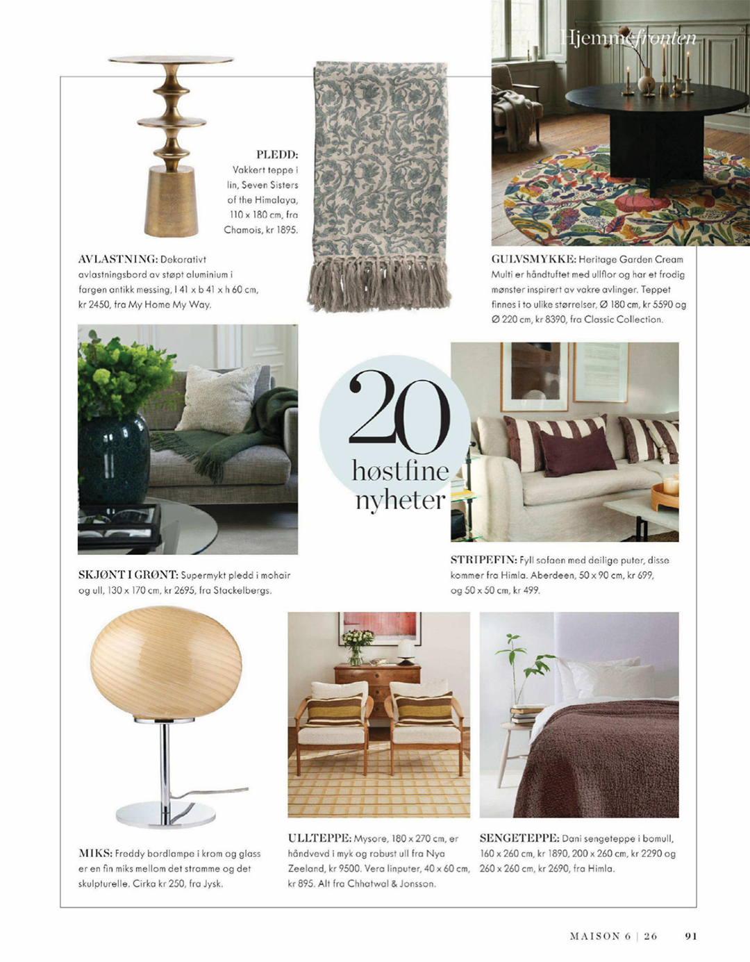 Pressklipp från magasinet Maison Interiør, augusti 2026, med den runda mattan Heritage Garden Cream Multi från Classic Collection, handtuftad i ull med organiskt botaniskt mönster i flera färger.