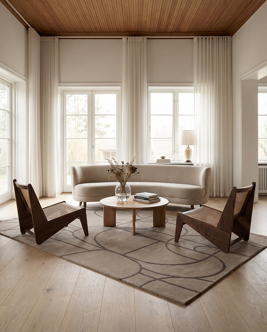 Modern vardagsrum med kurvad beige soffa, mörka träfåtöljer med rotting och en mönstrad matta i neutrala toner.