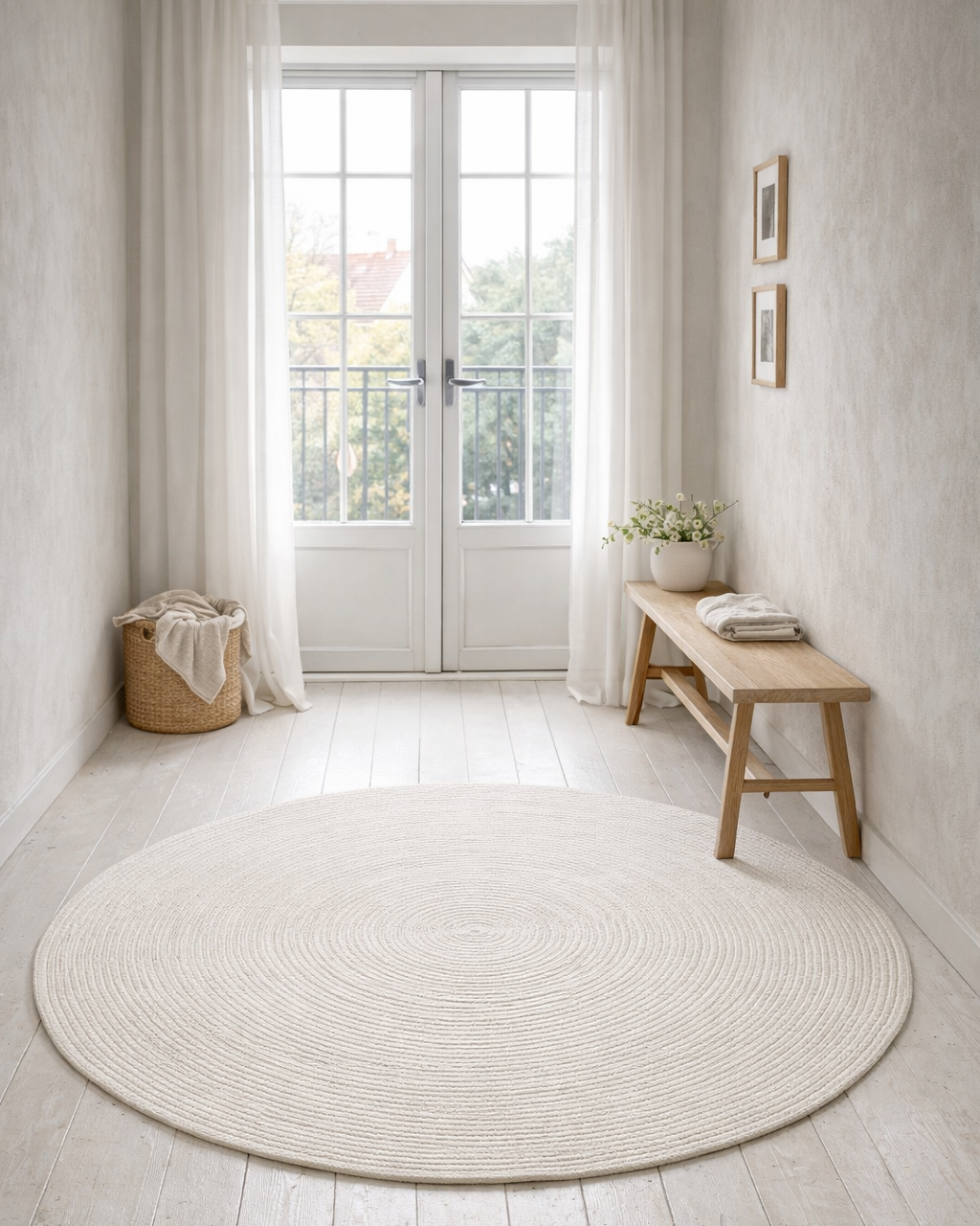 Vit rund ullmatta Merino placerad i ett ljust rum med trägolv, dörrar i glas och enkel träbänk