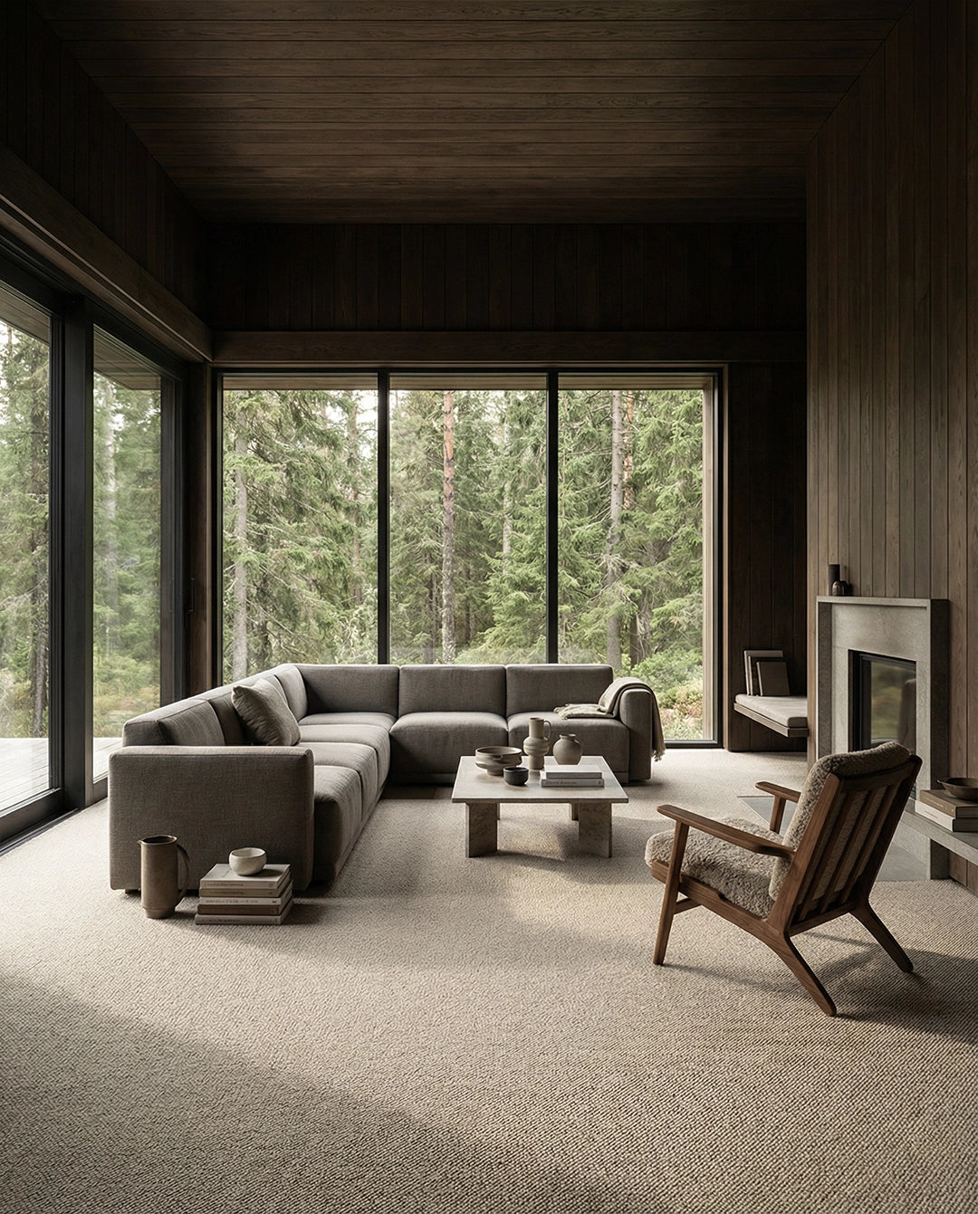 Modernes Wohnzimmer mit grauem Ecksofa, Steincouchtisch und Sessel vor bodentiefen Fenstern mit Waldausblick.